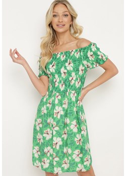 Zielona Sukienka Typu Hiszpanka w Kwiaty z Rozkloszowanym Dołem i Gumką w Pasie Ellimesa ze sklepu Born2be Odzież w kategorii Sukienki - zdjęcie 172655913