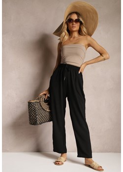 Czarne Szerokie Spodnie z Bawełny ze Sznurkiem w Talii Vrumelia ze sklepu Renee odzież w kategorii Spodnie damskie - zdjęcie 172657093