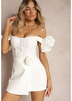 Białe Spódnico-Spodenki Mini z Zakładką i Aplikacją w Kształcie Róży Pholia ze sklepu Renee odzież w kategorii Spódnice - zdjęcie 172657183