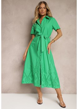 Zielona Bawełniana Sukienka o Ażurowym Wykończeniu z Paskiem w Talii Zapinana na Guziki Dimosha ze sklepu Renee odzież w kategorii Sukienki - zdjęcie 172657253