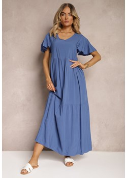 Niebieska Rozkloszowana Sukienka z Bawełny z Falbankami Dimante ze sklepu Renee odzież w kategorii Sukienki - zdjęcie 172657303