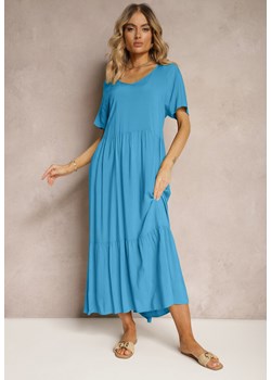 Niebieska Wiskozowa Sukienka z Krótkim Rękawem o Rozkloszowanym Kroju Delantia ze sklepu Renee odzież w kategorii Sukienki - zdjęcie 172657483