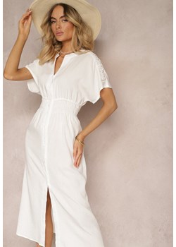 Biała Sukienka z Wiskozą o Rozkloszowanym Koszulowym Kroju na Guziki z Gumką w Talii Fuvlea ze sklepu Renee odzież w kategorii Sukienki - zdjęcie 172657773