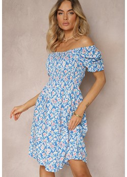 Niebieska Sukienka z Wiskozy Typu Hiszpanka z Marszczoną Górą Pralea ze sklepu Renee odzież w kategorii Sukienki - zdjęcie 172657852