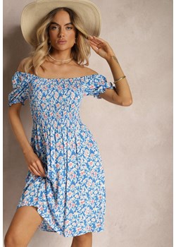 Niebieska Sukienka z Wiskozy Typu Hiszpanka z Marszczoną Górą Pralea ze sklepu Renee odzież w kategorii Sukienki - zdjęcie 172657854