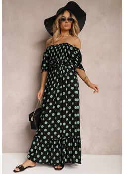 Czarno-Zielona Bawełniana Sukienka z Marszczonym Dekoltem i Materiałowym Paskiem Tesaya ze sklepu Renee odzież w kategorii Sukienki - zdjęcie 172658111