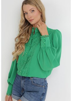 Zielona Koszula z Koronką i Perłami Cassa ze sklepu Born2be Odzież w kategorii Koszule damskie - zdjęcie 172658273