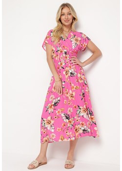 Różowa Kwiecista Sukienka z Kopertowym Dekoltem i Gumką w Pasie Meobia ze sklepu Born2be Odzież w kategorii Sukienki - zdjęcie 172658801