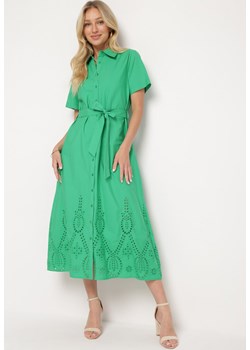 Zielona Ażurowa Sukienka z Bawełny Zapinana na Guziki z Materiałowym Paskiem Dimosa ze sklepu Born2be Odzież w kategorii Sukienki - zdjęcie 172658994