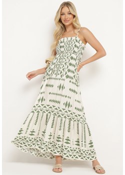 Beżowo-Zielona Wiskozowa Marszczona Sukienka na Regulowanych Ramiączkach z Falbanką Dwalea ze sklepu Born2be Odzież w kategorii Sukienki - zdjęcie 172659820