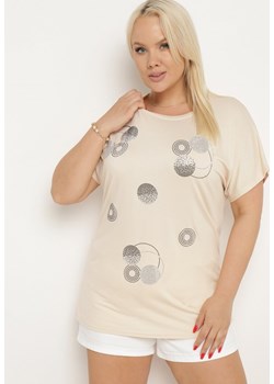 Beżowy T-shirt z Bawełny Wykończony Cyrkoniami Krissianne ze sklepu Born2be Odzież w kategorii Bluzki damskie - zdjęcie 172660494