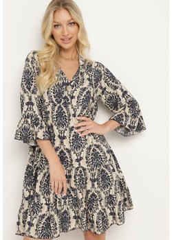 Granatowo-Beżowa Bawełniana Rozkloszowana Sukienka z Falbankami Miloa ze sklepu Born2be Odzież w kategorii Sukienki - zdjęcie 172660550