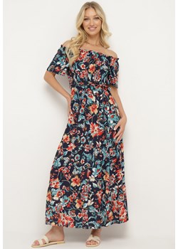 Granatowa Sukienka z Hiszpańskim Dekoltem z Wiązanym Paskiem w Kwiaty z Bawełny Rissanique ze sklepu Born2be Odzież w kategorii Sukienki - zdjęcie 172660620