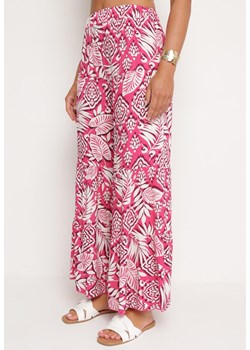 Różowe Wiskozowe Spodnie z Szerokimi Nogawkami z Gumką w Pasie Ozdobione Falbanką Jasmalia ze sklepu Born2be Odzież w kategorii Spodnie damskie - zdjęcie 172665154