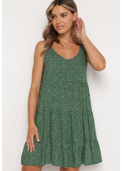 Zielona Rozkloszowana Bawełniana Sukienka na Ramiączkach z Falbanami Tesly ze sklepu Born2be Odzież w kategorii Sukienki - zdjęcie 172998312
