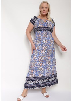 Niebieska Bawełniana Sukienka z Gumką w Talii i Wiązanym Dekoltem Emetta ze sklepu Born2be Odzież w kategorii Sukienki - zdjęcie 172998412