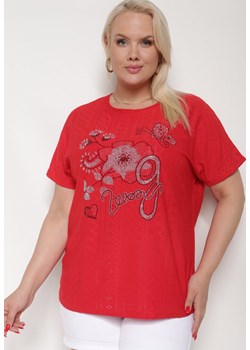 Czerwony Ażurowy T-shirt z Bawełną Ozdobiony Cyrkoniami Deviana ze sklepu Born2be Odzież w kategorii Bluzki damskie - zdjęcie 172998483