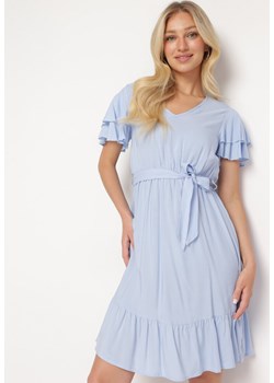 Jasnoniebieska Sukienka z Bawełny z Gumką w Pasie i Falbanką Yarpia ze sklepu Born2be Odzież w kategorii Sukienki - zdjęcie 173020542