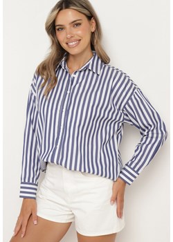 Granatowa Koszula z Bawełny Zapinana na Guziki w Paski Blilia ze sklepu Born2be Odzież w kategorii Koszule damskie - zdjęcie 173023534