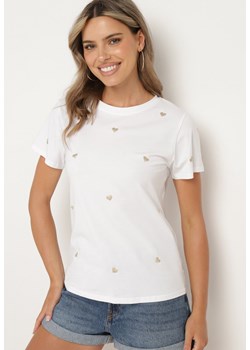 Biały T-shirt Bawełniany z Naszytymi Serduszkami Monolia ze sklepu Born2be Odzież w kategorii Bluzki damskie - zdjęcie 173023602
