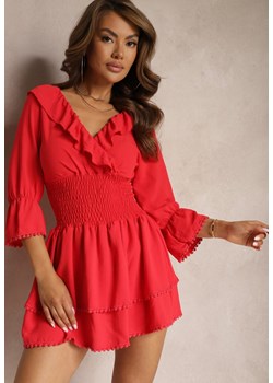 Czerwona Kopertowa Sukienka z Ozdobną Falbanką i Gumką w Talii Tesora ze sklepu Renee odzież w kategorii Sukienki - zdjęcie 173024072