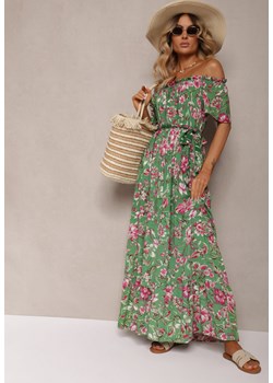 Zielono-Różowa Bawełniana Sukienka Hiszpanka Wiązana w Talii w Kwiatowy Wzór Risarrae ze sklepu Renee odzież w kategorii Sukienki - zdjęcie 173024123