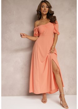 Pomarańczowa Sukienka Wieczorowa z Hiszpańskim Dekoltem i Rozcięciem Vikiya ze sklepu Renee odzież w kategorii Sukienki - zdjęcie 173024310
