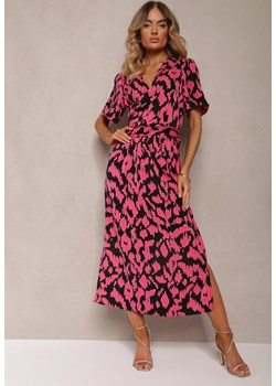 Czarno-Różowa Sukienka z Kopertowym Dekoltem i Ozdobnymi Wycięciami z Gumką w Pasie i Paskiem Bonlea ze sklepu Renee odzież w kategorii Sukienki - zdjęcie 173028764