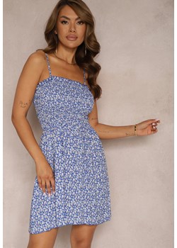 Niebieska Sukienka z Bawełny na Ramiączkach z Rozkloszowaniem i Marszczoną Górą Risetto ze sklepu Renee odzież w kategorii Sukienki - zdjęcie 173028831