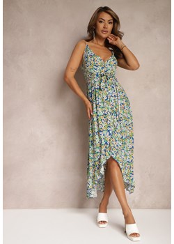 Granatowo-Zielona Sukienka z Bawełny na Ramiączkach z Asymetrycznym Rozcięciem i Dekoltem w Serek Milloa ze sklepu Renee odzież w kategorii Sukienki - zdjęcie 173028861
