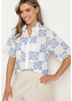 Niebieska Haftowana Koszula z Bawełny w Ornamentalny Wzór Cevila ze sklepu Born2be Odzież w kategorii Koszule damskie - zdjęcie 173029040