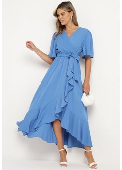 Niebieska Sukienka z Kopertowym Dekoltem Wiązana w Pasie z Gumką i Falbankami Alleria ze sklepu Born2be Odzież w kategorii Sukienki - zdjęcie 173127232