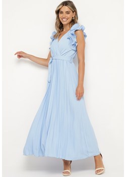 Niebieska Sukienka z Kopertowym Dekoltem i Falbanką z Gumką w Talii i Materiałowym Paskiem Tiamaraya ze sklepu Born2be Odzież w kategorii Sukienki - zdjęcie 173127460