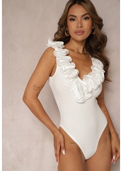 Białe Body z Bawełny na Ramiączkach z Ozdobną Falbanką przy Dekolcie Sanadia ze sklepu Renee odzież w kategorii Bluzki damskie - zdjęcie 173127833