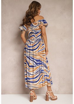Beżowo-Granatowa Sukienka z Bawełną i Wiskozą Ściągana przy Dekolcie Dimittha ze sklepu Renee odzież w kategorii Sukienki - zdjęcie 173129471