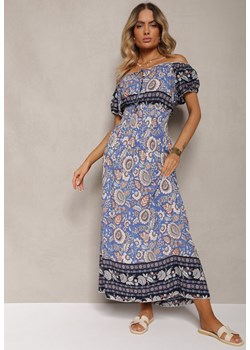 Niebieska Sukienka z Bawełny z Gumką w Pasie i Wiązaniem przy Dekolcie Hiletta ze sklepu Renee odzież w kategorii Sukienki - zdjęcie 173129624