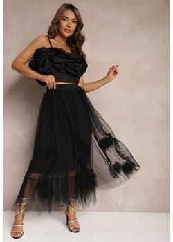 Czarna Spódnica High Waist z Gumką w Talii o Siateczkowym Wykończeniu Vikkissa ze sklepu Renee odzież w kategorii Spódnice - zdjęcie 173129662