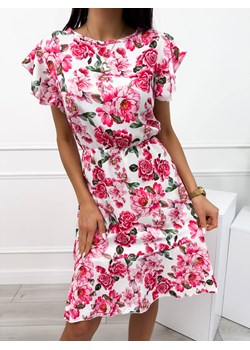Kremowa Sukienka w Różowe Kwiaty ze sklepu ModnaKiecka.pl w kategorii Sukienki - zdjęcie 173131551