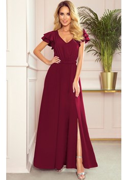 Długa sukienka z dekoltem i falbankami bordowa 310-5 Lidia, Kolor bordowy, Rozmiar L, Numoco ze sklepu Primodo w kategorii Sukienki - zdjęcie 173135780