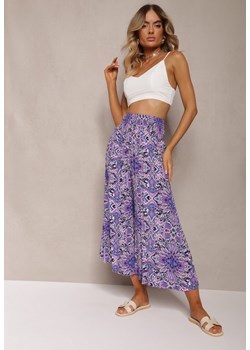 Fioletowe Szerokie Spodnie w Fantazyjny Print o Długości 7/8 Saru ze sklepu Renee odzież w kategorii Spodnie damskie - zdjęcie 173277771