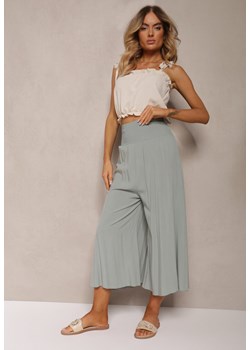 Jasnozielone Szerokie Spodnie High Waist o Długości 7/8 Rathi ze sklepu Renee odzież w kategorii Spodnie damskie - zdjęcie 173277773