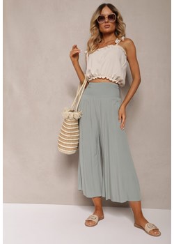 Jasnozielone Szerokie Spodnie High Waist o Długości 7/8 Rathi ze sklepu Renee odzież w kategorii Spodnie damskie - zdjęcie 173277774