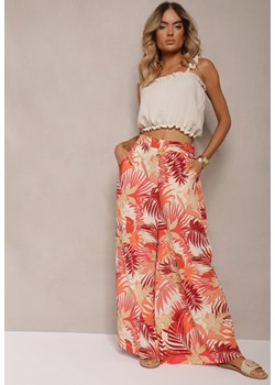 Pomarańczowe Długie Spodnie High Waist z Szerokimi Nogawkami i printem w Kwiaty Yusia ze sklepu Renee odzież w kategorii Spodnie damskie - zdjęcie 173277783