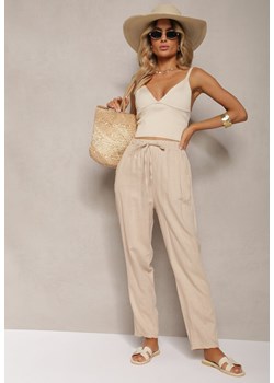 Beżowe Proste Spodnie Bawełniane z Gumką w Pasie Xisela ze sklepu Renee odzież w kategorii Spodnie damskie - zdjęcie 173277791