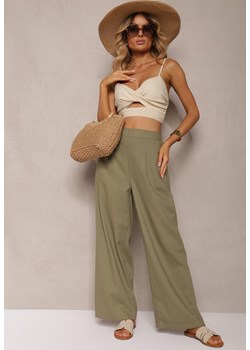 Zielone Szerokie Spodnie z Lnem z Gumką w Talii Airelttis ze sklepu Renee odzież w kategorii Spodnie damskie - zdjęcie 173277803