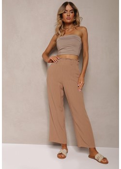 Beżowe Spodnie Regular w Prążki High Waist Sallamia ze sklepu Renee odzież w kategorii Spodnie damskie - zdjęcie 173277851