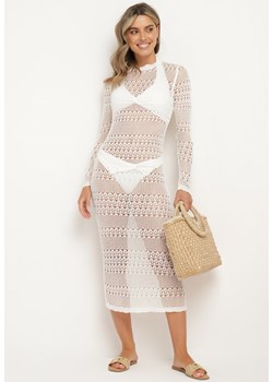Biała Sukienka Narzutka Midi z Ażurowej Tkaniny Eundi ze sklepu Born2be Odzież w kategorii Odzież plażowa - zdjęcie 173278514