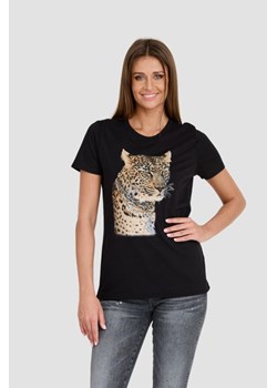GUESS Czarny T-shirt Leopard Jewel Easy Tee, Wybierz rozmiar XL ze sklepu outfit.pl w kategorii Bluzki damskie - zdjęcie 173281444