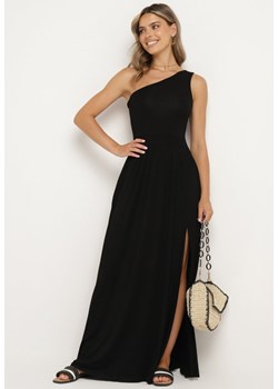 Czarna Sukienka na Jedno Ramię z Elastycznej Bawełny z Plisowanym Dołem Vereria ze sklepu Born2be Odzież w kategorii Sukienki - zdjęcie 173285562