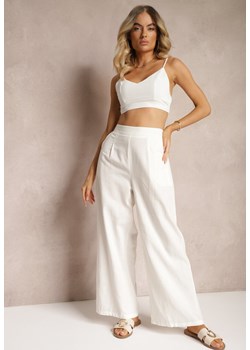 Białe Szerokie Spodnie z Lnem z Gumką w Talii Airelttis ze sklepu Renee odzież w kategorii Spodnie damskie - zdjęcie 173286031